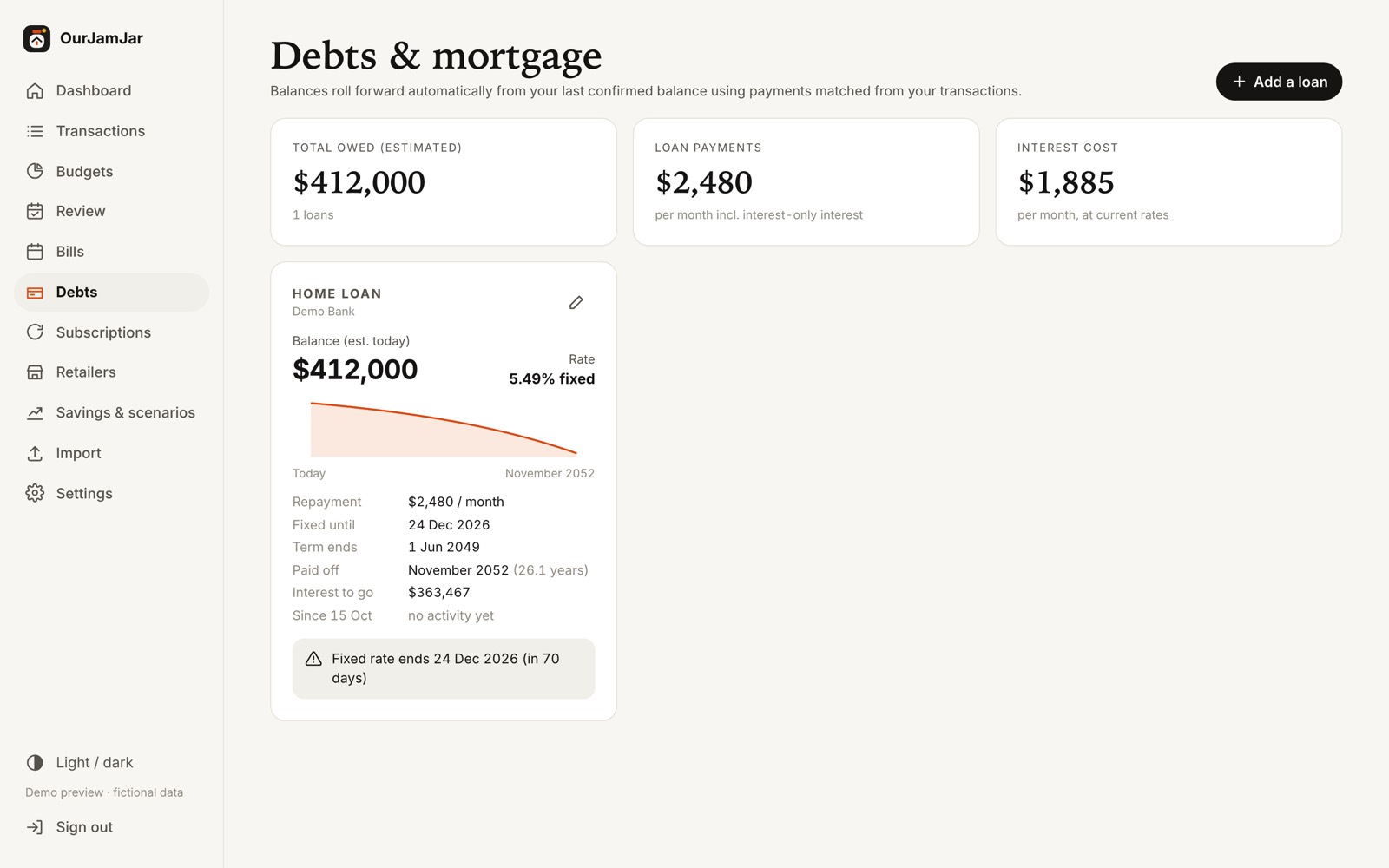 Home loan card with balance, rate, payoff chart and fixed-rate reminder